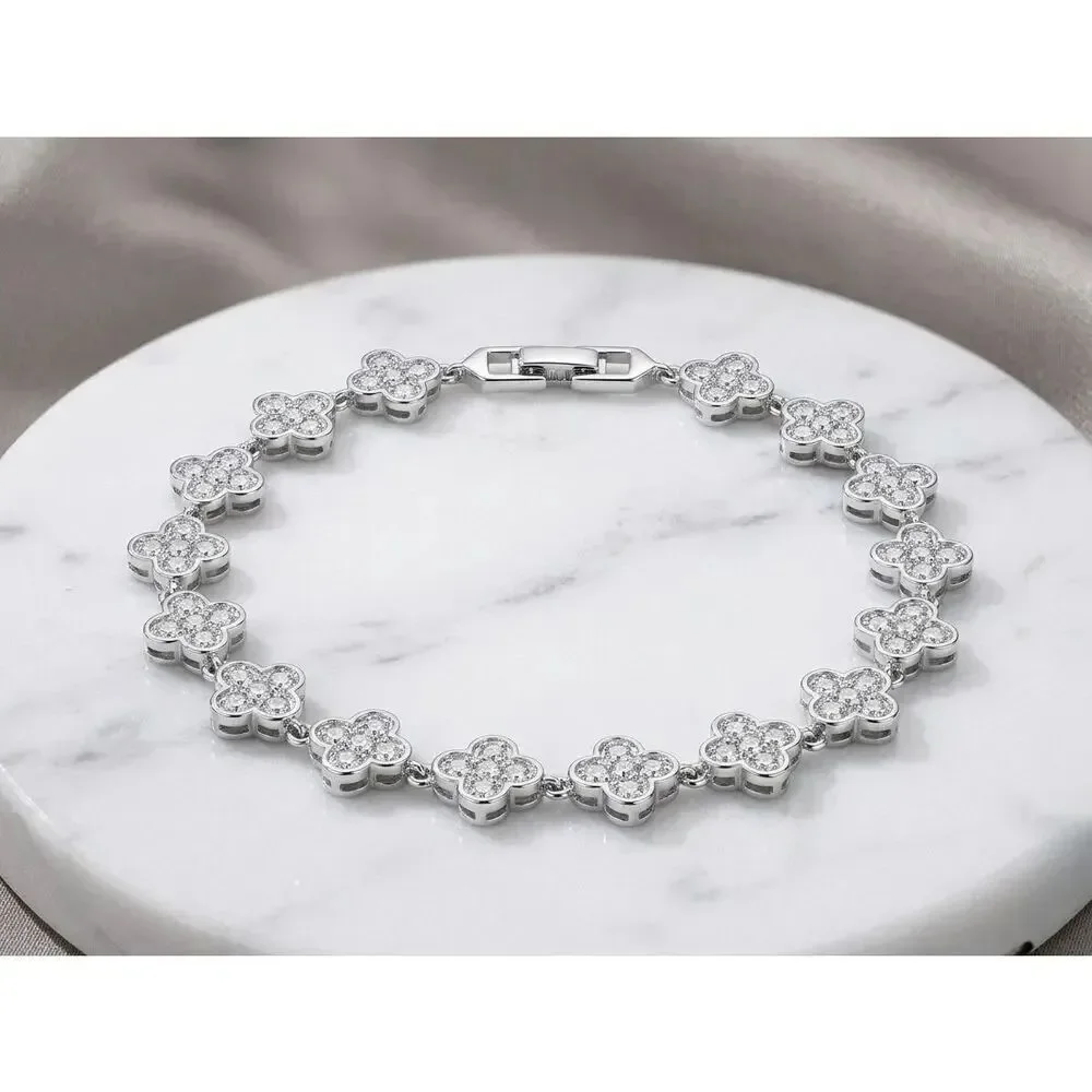 Silver Clover Flower Link Bracelet Pave CZ Crystal Elegant Jewelry Bridal Gift